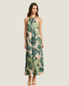 Tropical Leaf Beaded Halter Fluid Dress