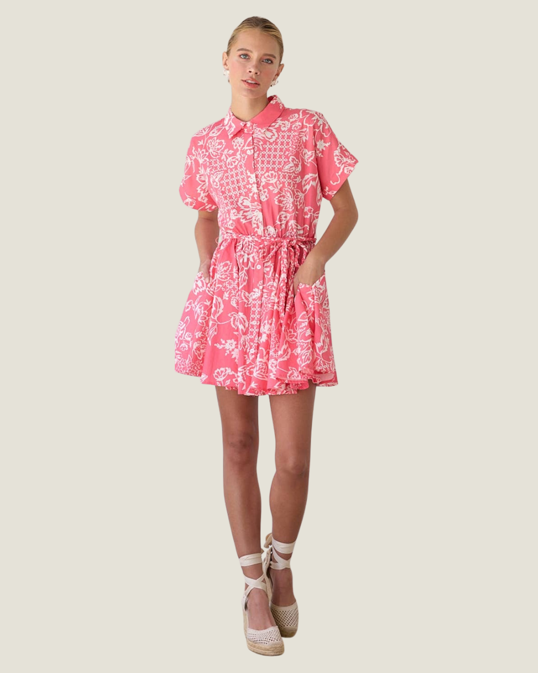 Cebera Short Sleeve Linen Print Mini Dress With Braid Tie