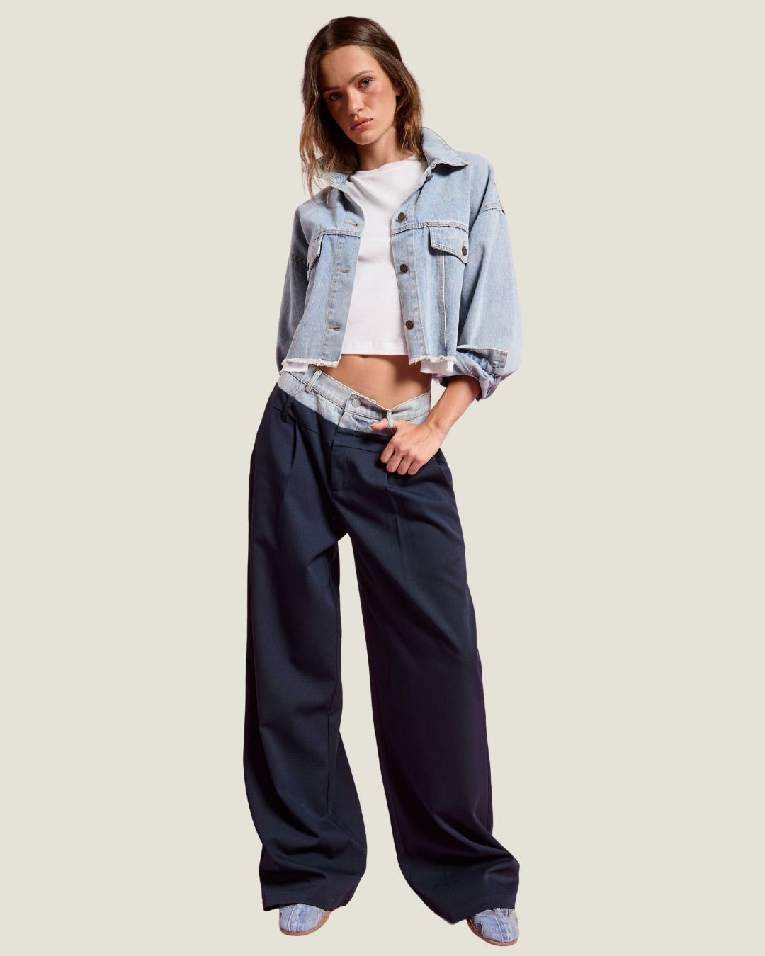 Selena Navy Contrast Wide Leg Trousers