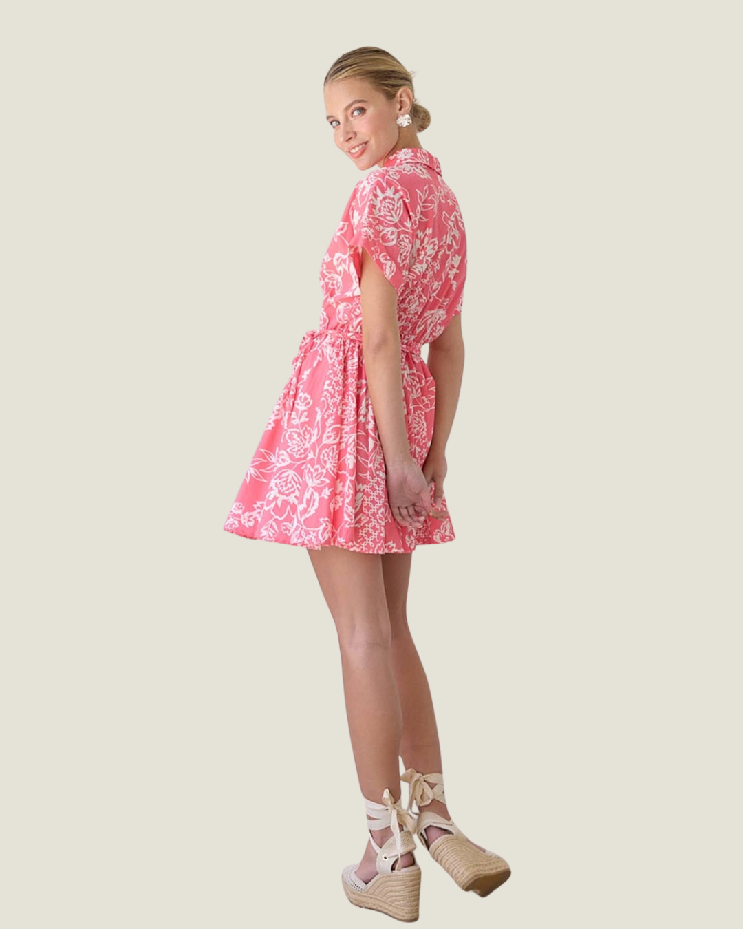 Cebera Short Sleeve Linen Print Mini Dress With Braid Tie