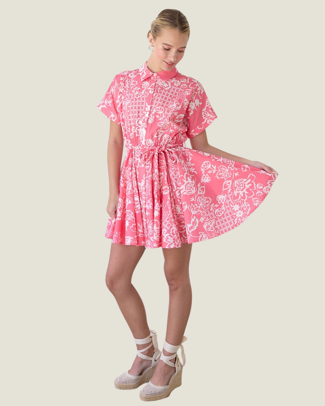 Cebera Short Sleeve Linen Print Mini Dress With Braid Tie