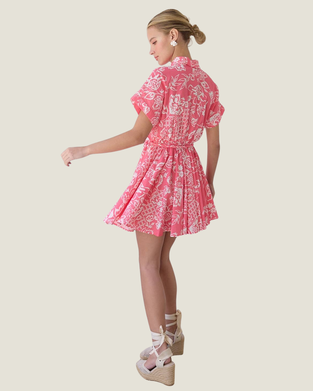 Cebera Short Sleeve Linen Print Mini Dress With Braid Tie