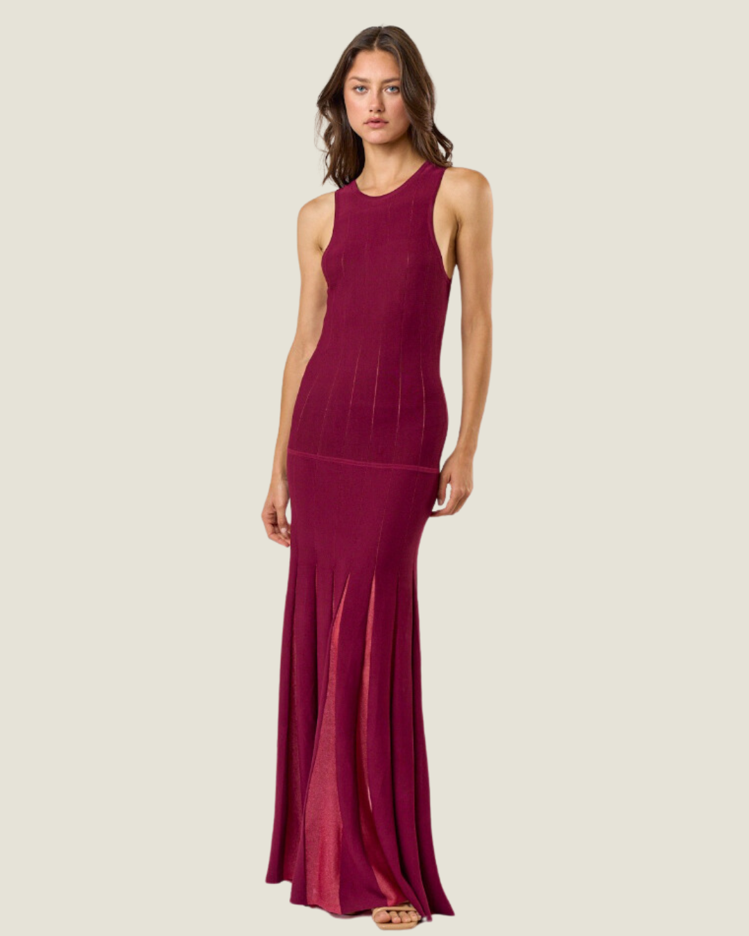 The Taylor: Wine Sleeveless Sheer Bottom Maxi Dress Large