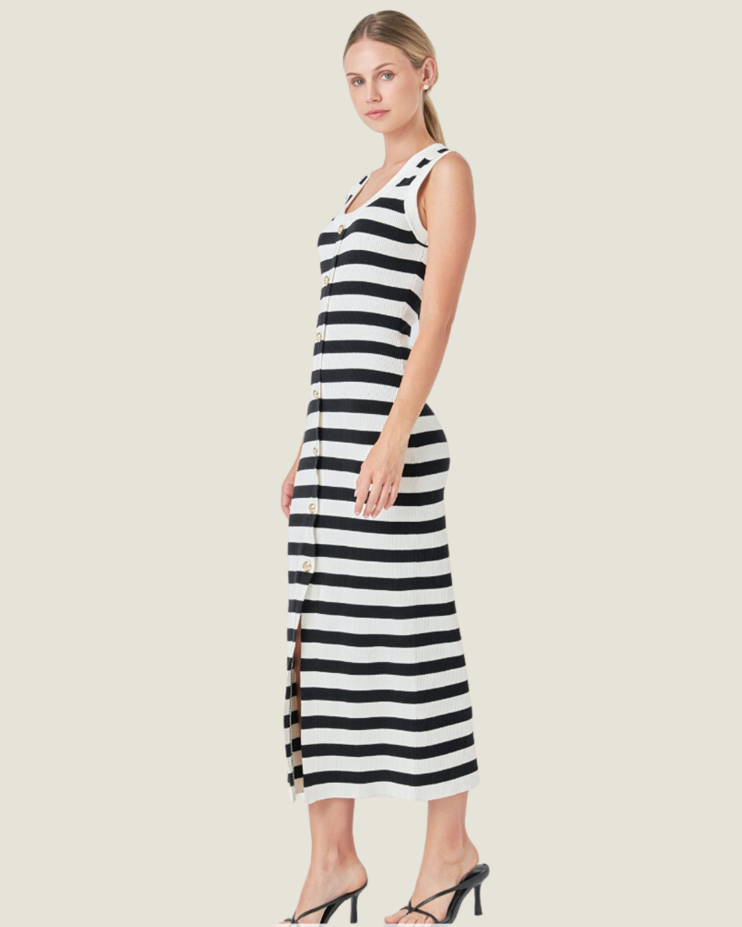 The Annie James: Black & White Striped Sleeveless Button Midi Dress