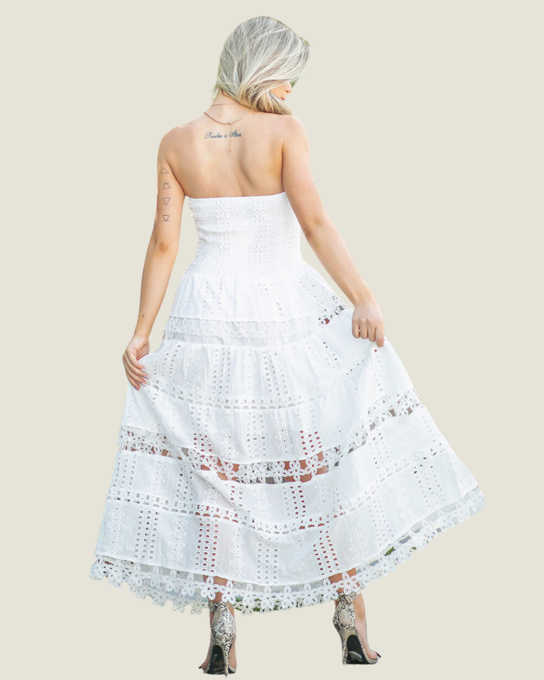 The MaryAnn: White Strapless Eyelet Lace Strapless Midi Dress