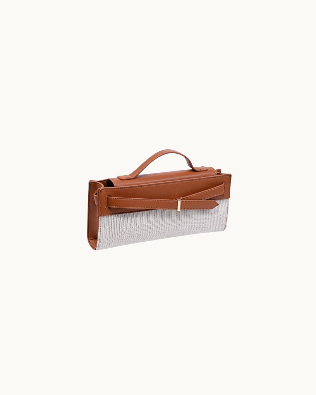 Tan and ivory vegan leather top-handle clutch. 