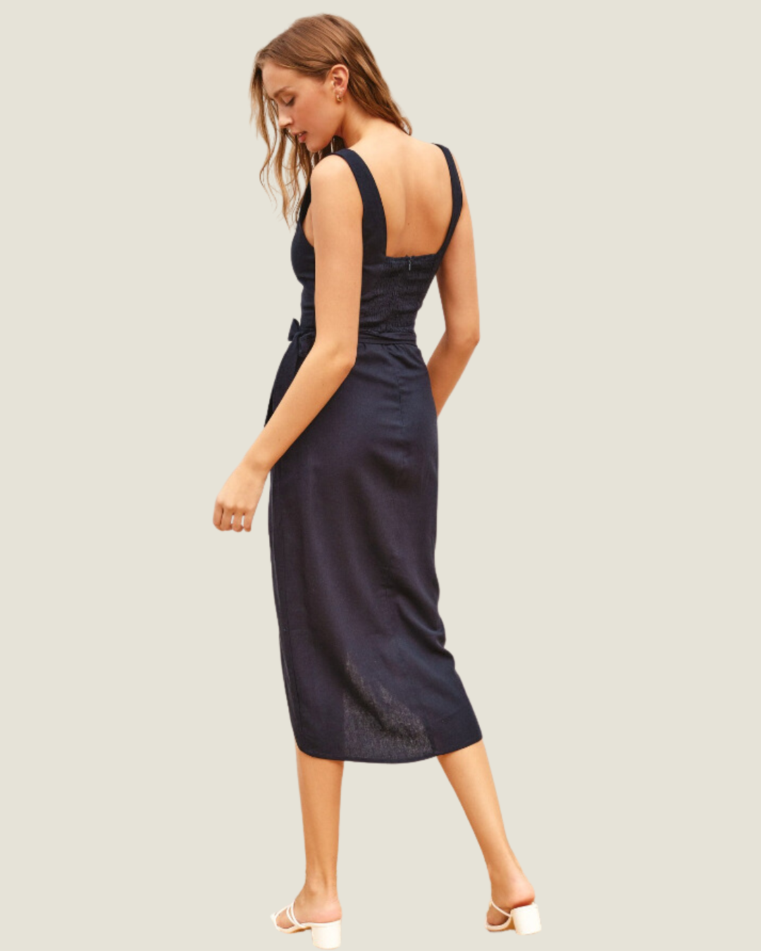 The Kat: Navy Linen Blend Wrap Midi