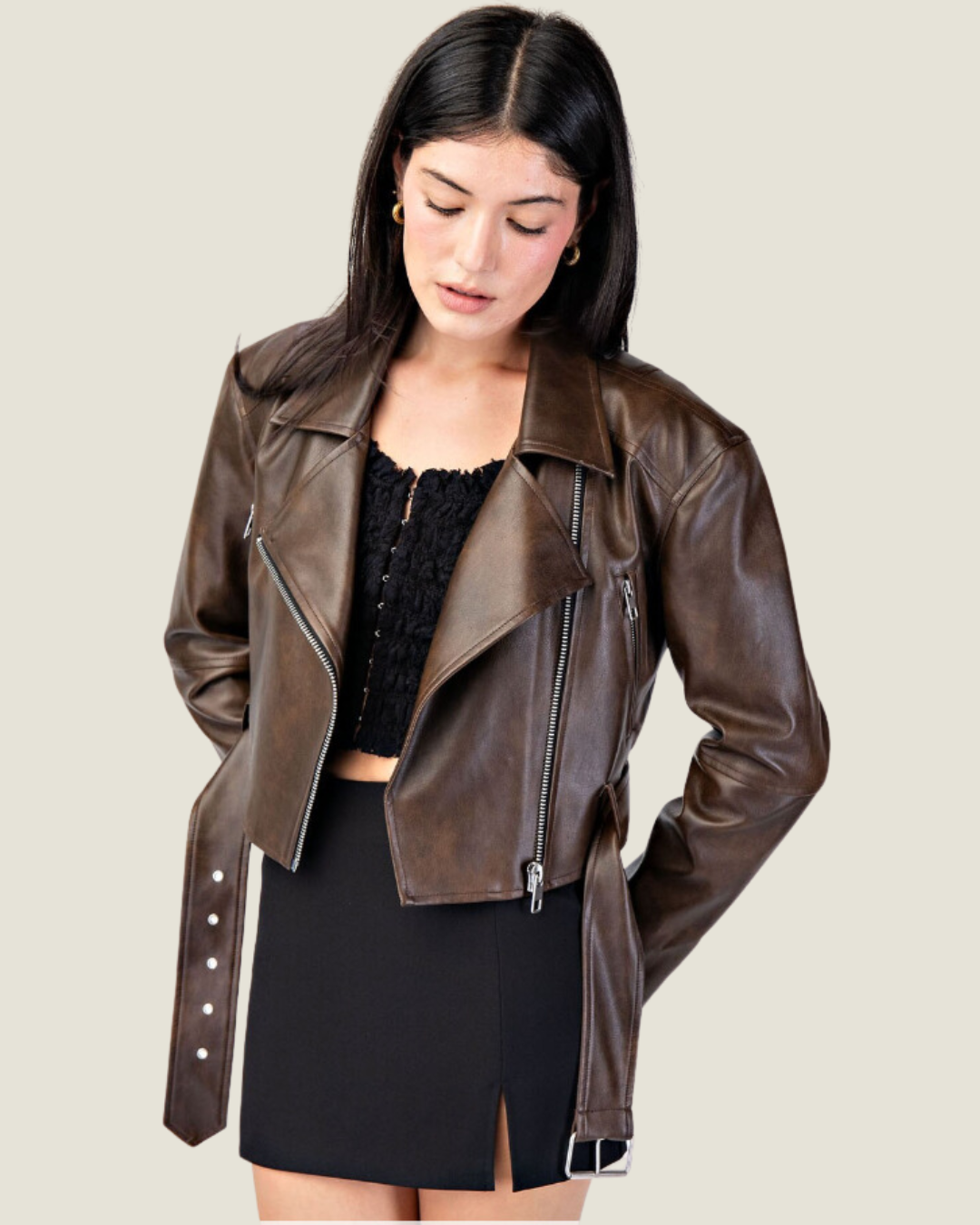 NYC Night: Washed Faux Leather Oversized Crop Biker Jacket