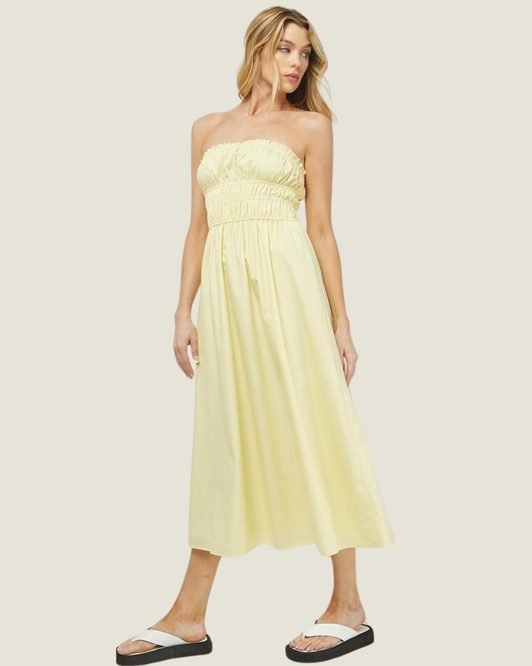 The Daisy: Lemon Poplin Ruched Strapless Maxi Dress