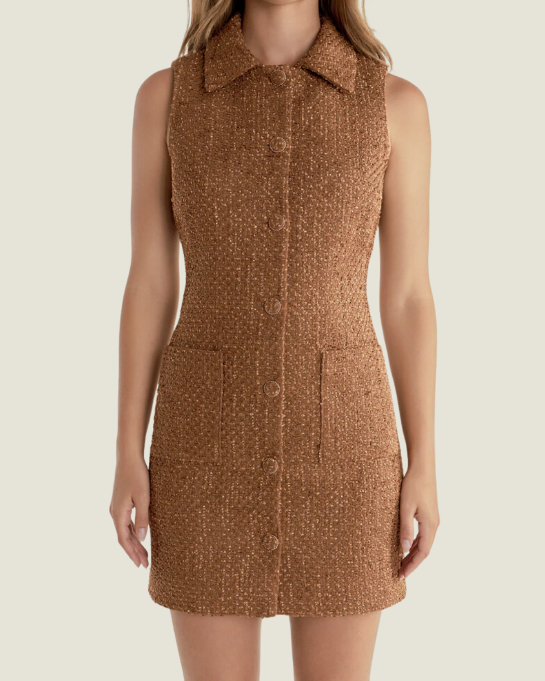 The Cindy: Tweed Camel Collared Mini Dress