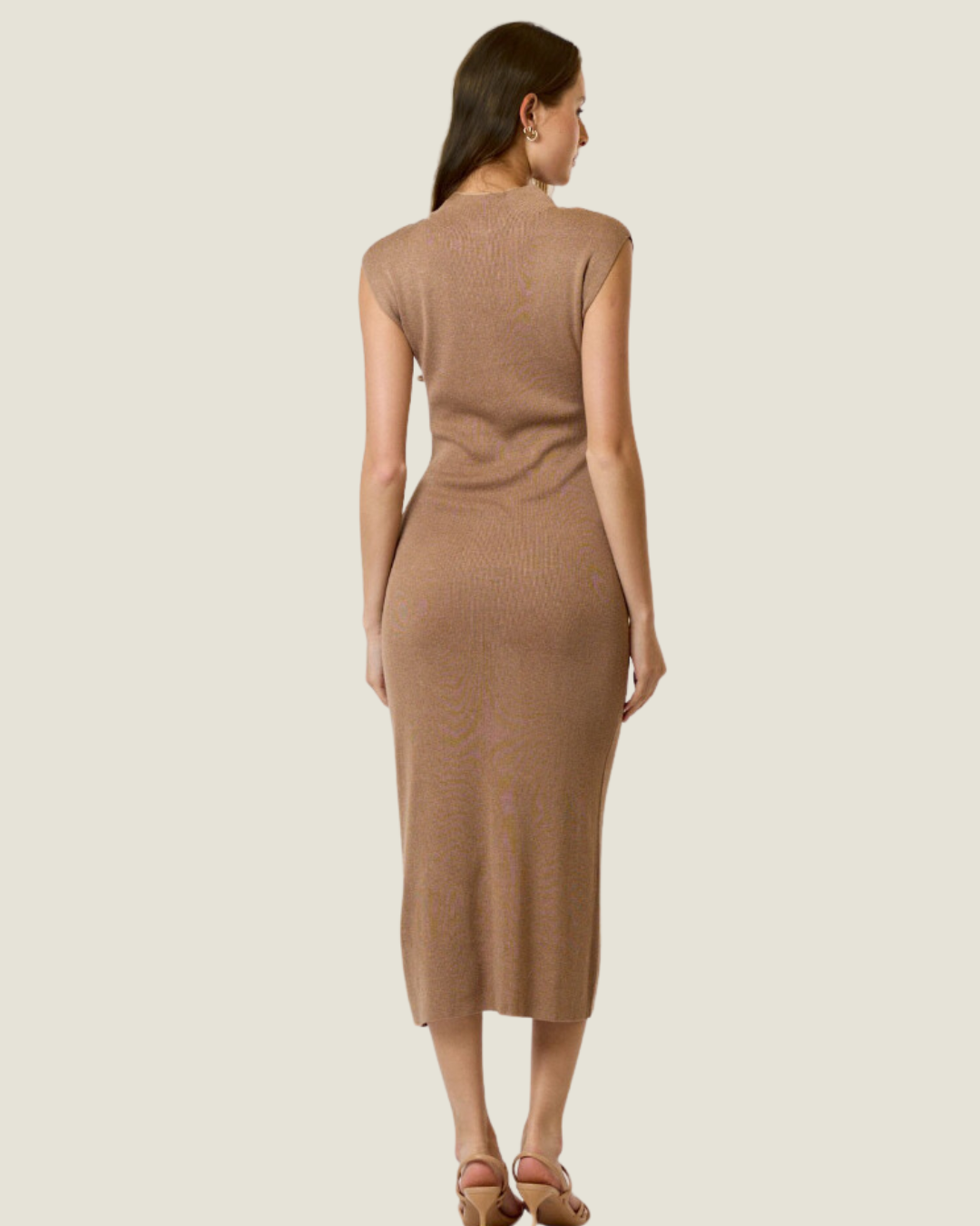 Camel Sleveless Mock Neck  Midi Dress