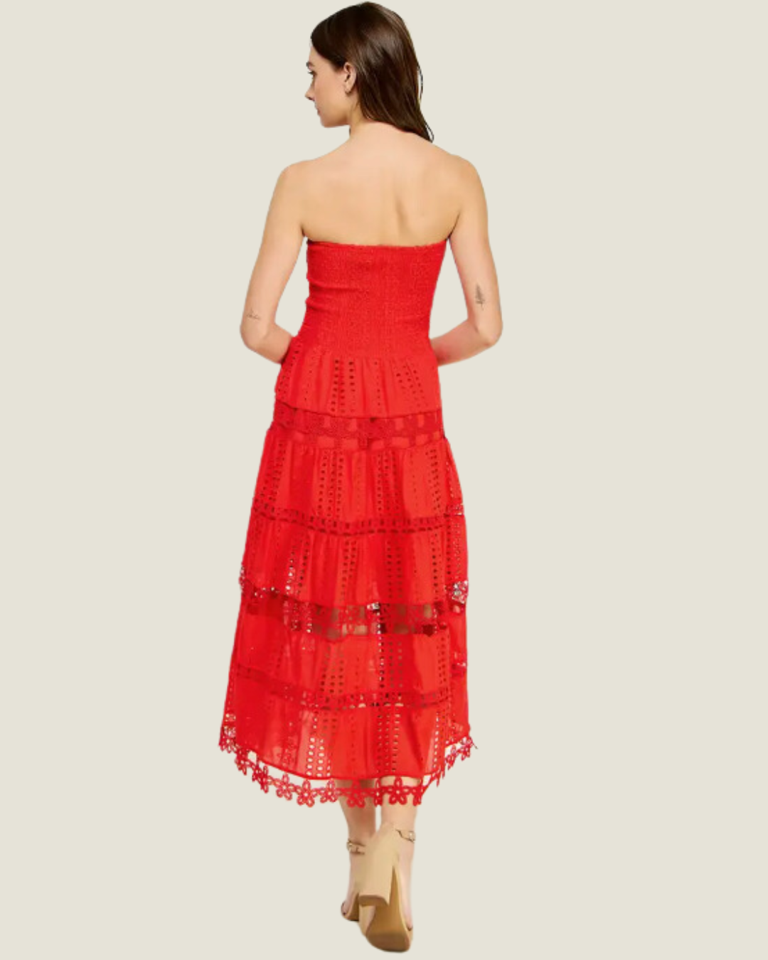 The MaryAnn: Red Eyelet Lace Strapless Midi Dress