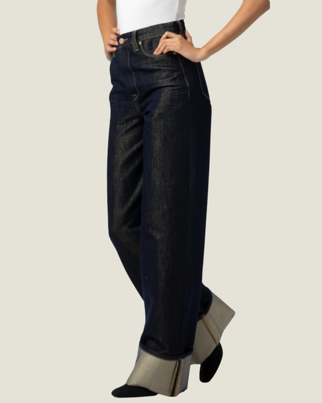 The Franklin Hi-Rise Rib-Cage Metallic Denim Pant w/ Cuff