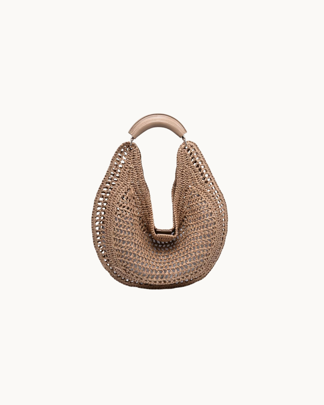 A crochet-woven crescent shaped bag in natural with top handle. 