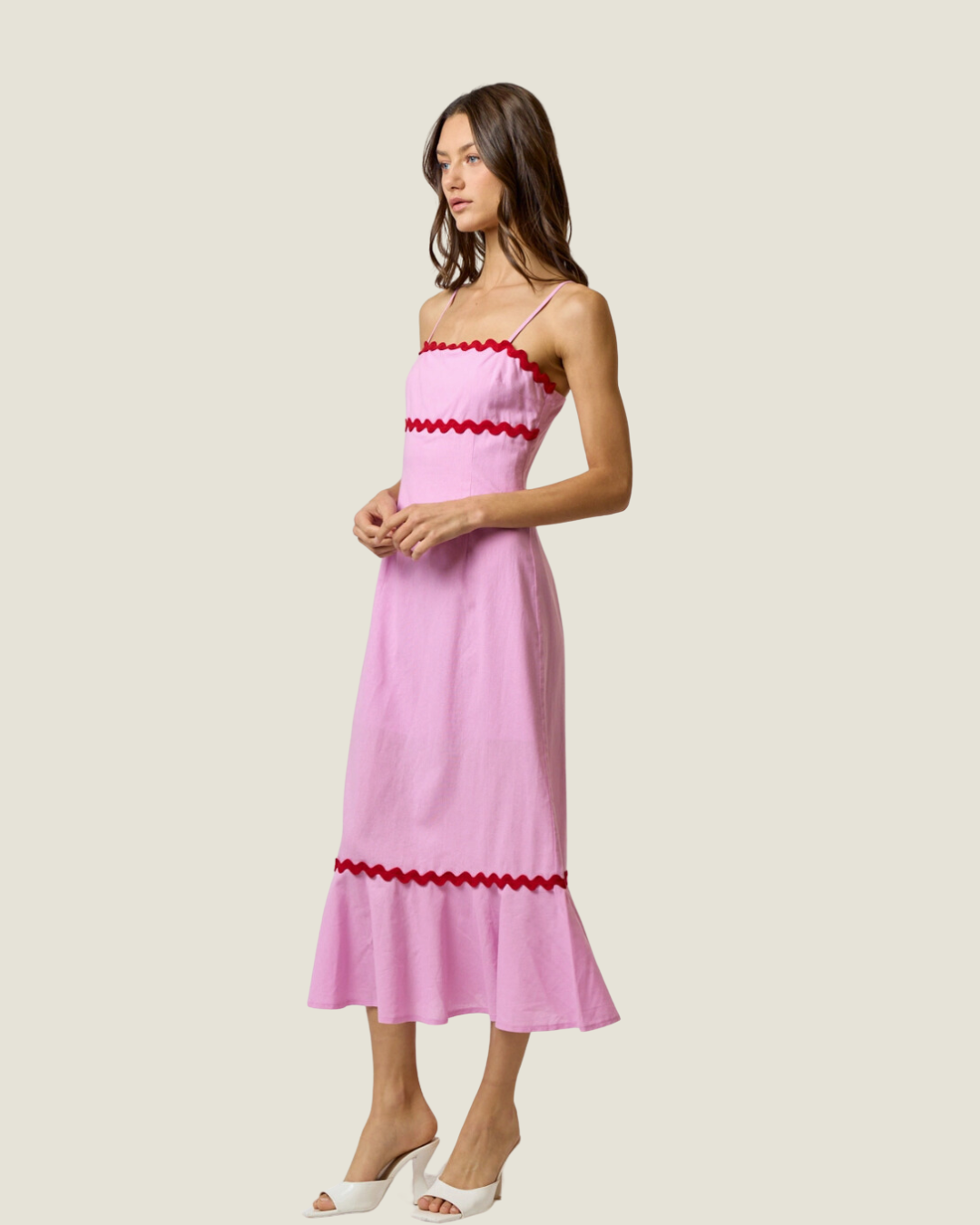 Summer Soirée: Pink Scalloped Ruffled Bottom Sleeveless Midi Dress