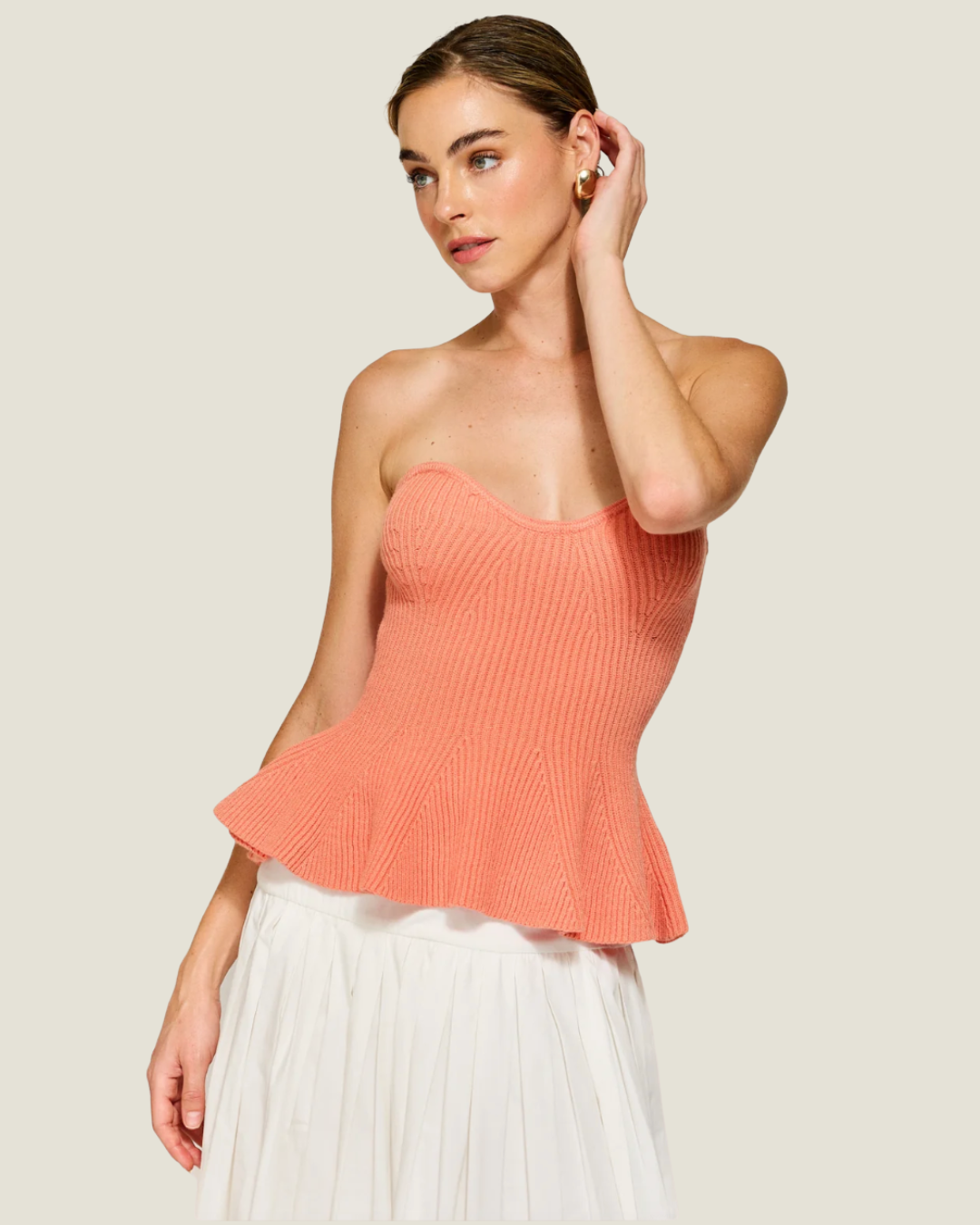 Saffy Strapless Ribbed Knit Peplum Top