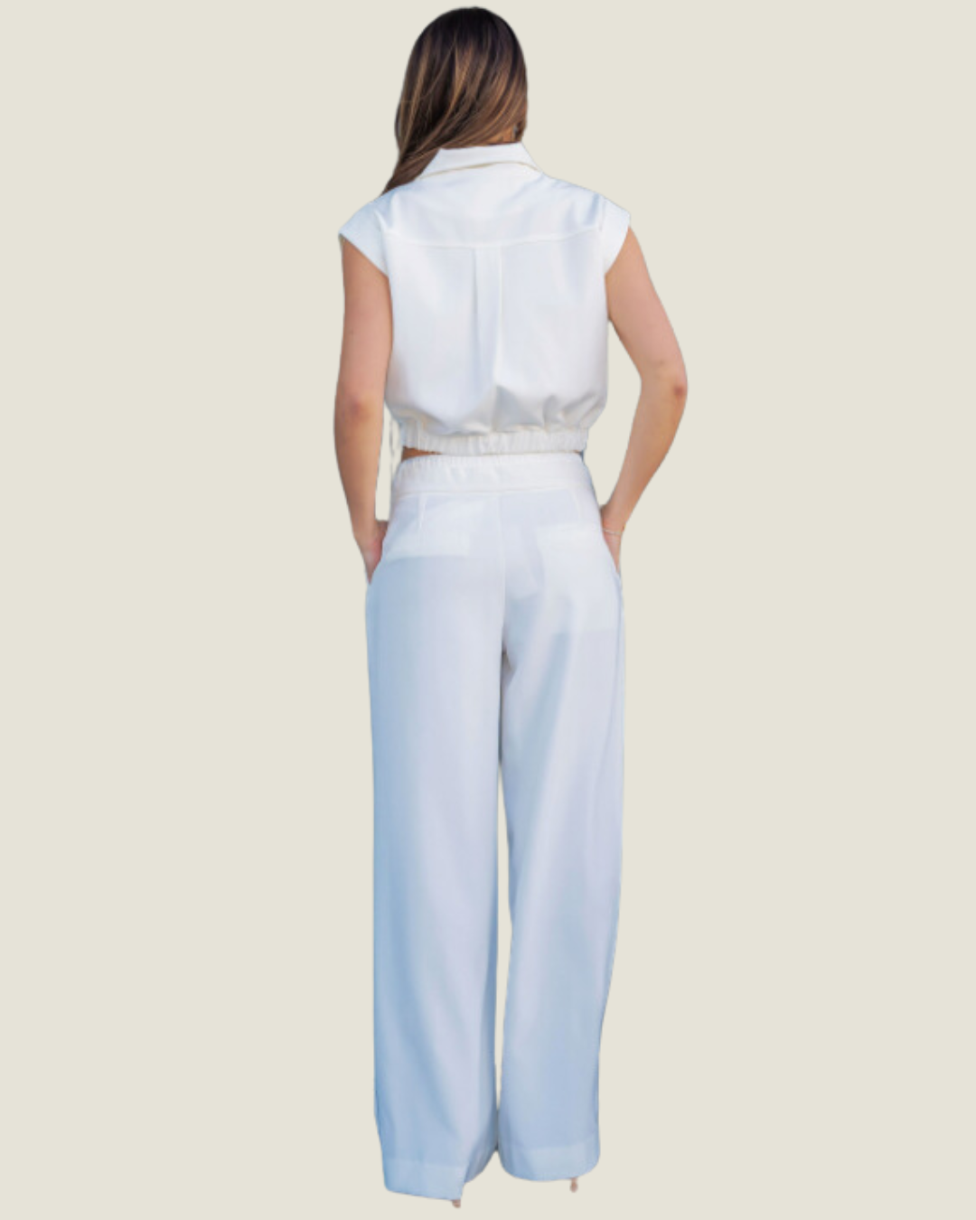 City Chic: White Satin Waistband Contrast Wide Leg Pants