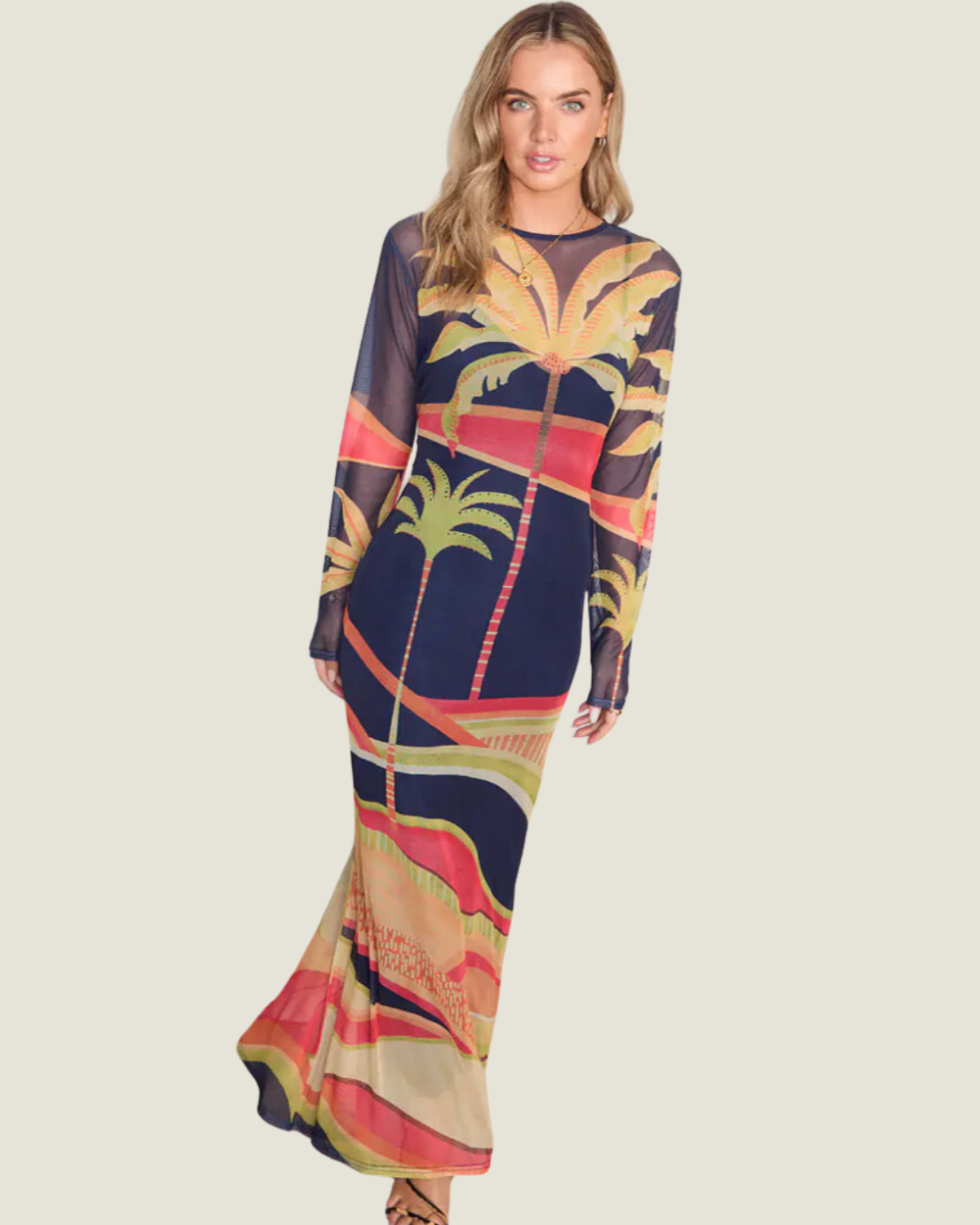 Paradise Island: Blue Palm Mesh Long Sleeve Maxi Dress