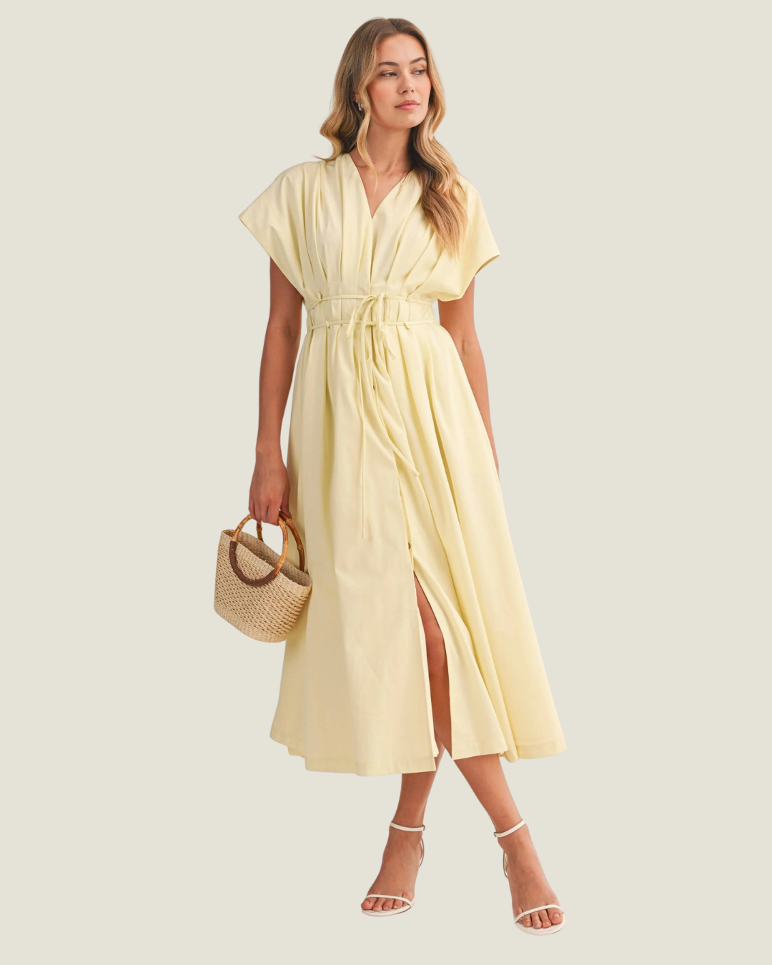 Adrienne Yellow Tie Waist Midi Dress