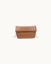 Angela tan vegan leather envelope crossbody bag with gold-tone hardware, detachable chain strap, and magnetic closure.