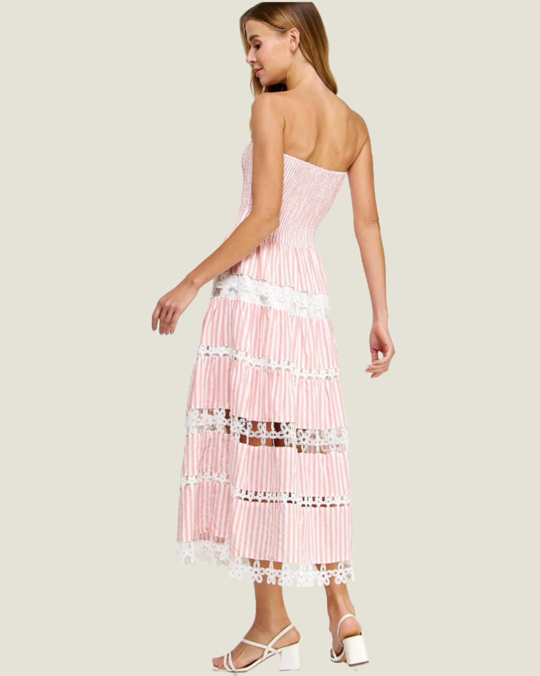 The Maryann: Strapless Stripe Eyelet Midi