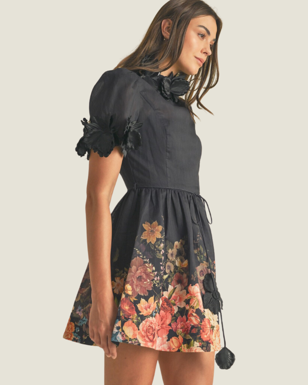 The Rebecca: Black Floral Short Sleeve Mini Dress