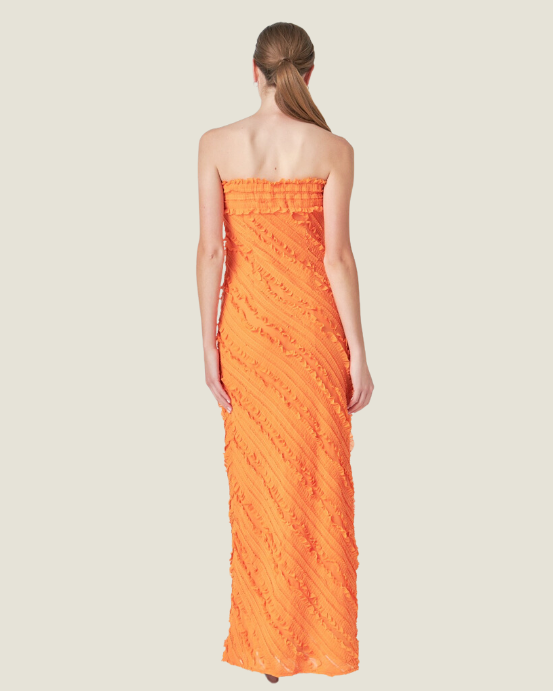 Citrus Club: Orange Strapless Ruffled Maxi Dress