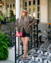 Women's Millie Polka Dot Tweed Jacket by Line & Dot featuring flocked polka dots, padded shoulders, a mock neckline, and button-front closure.