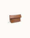 Angela tan vegan leather envelope crossbody bag with gold-tone hardware, detachable chain strap, and magnetic closure.