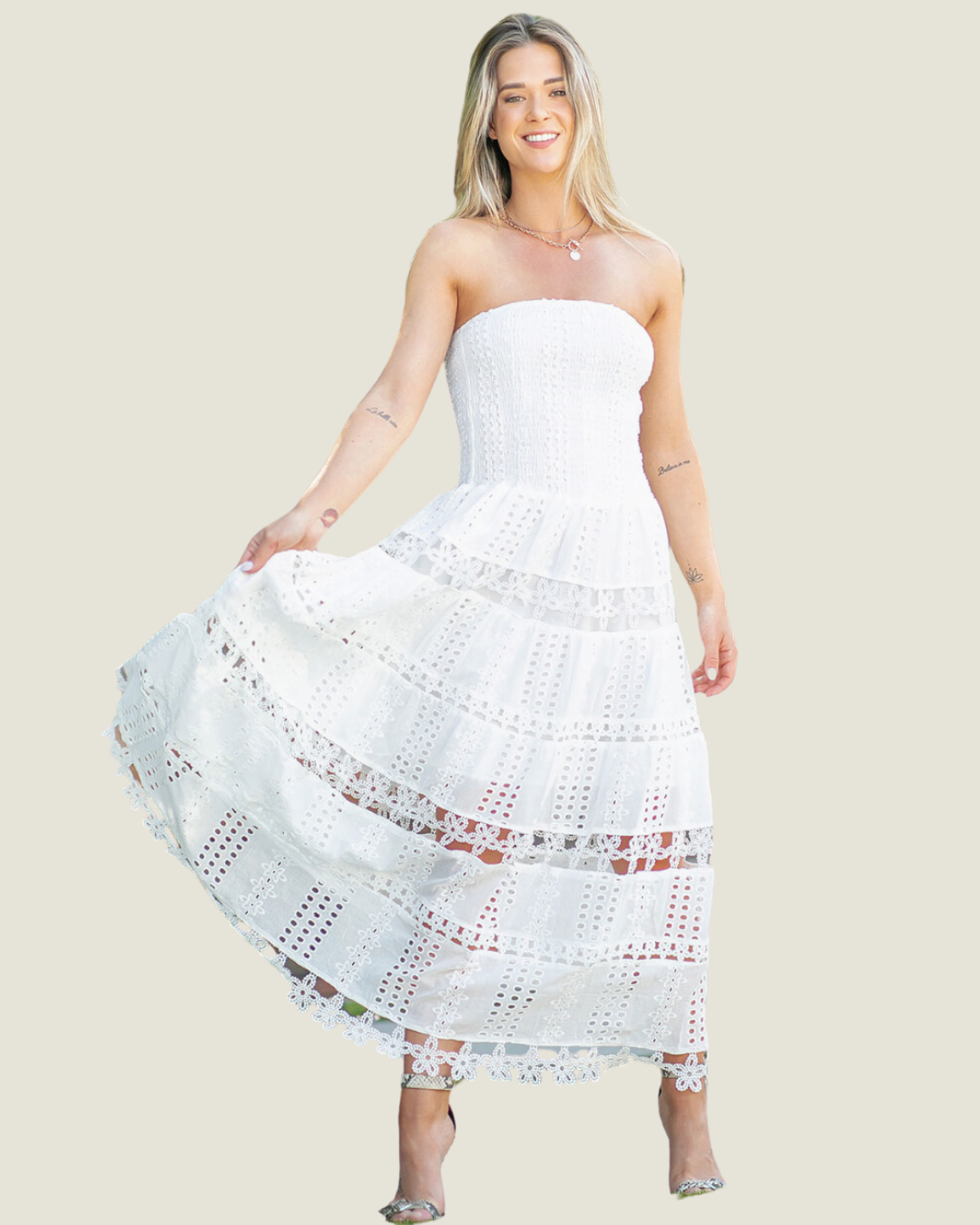 The MaryAnn: White Strapless Eyelet Lace Strapless Midi Dress