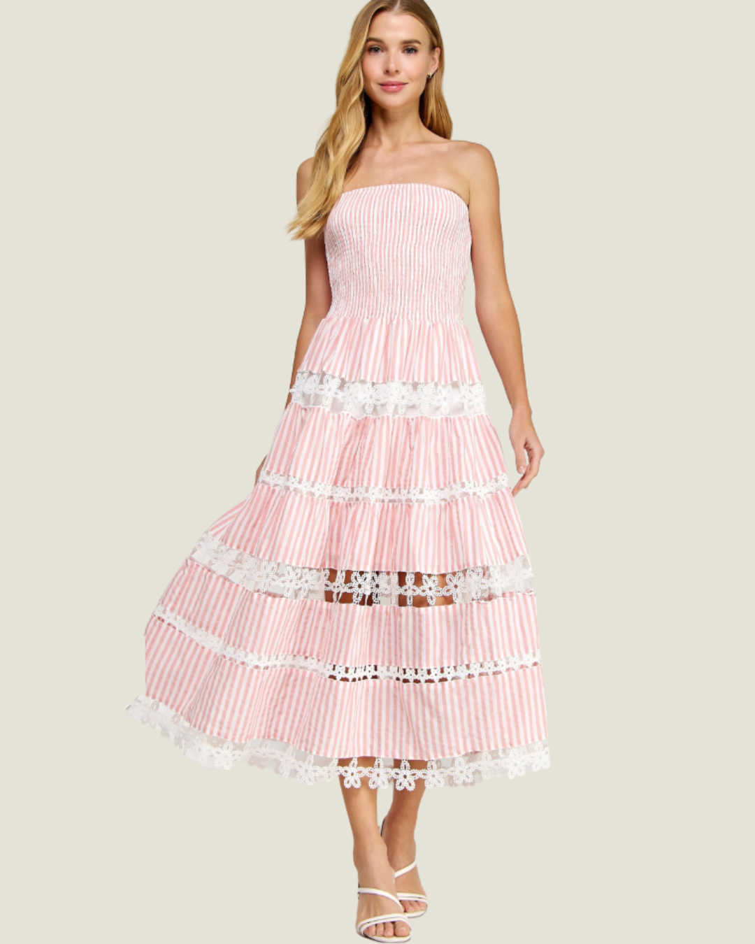 The Maryann: Strapless Stripe Eyelet Midi