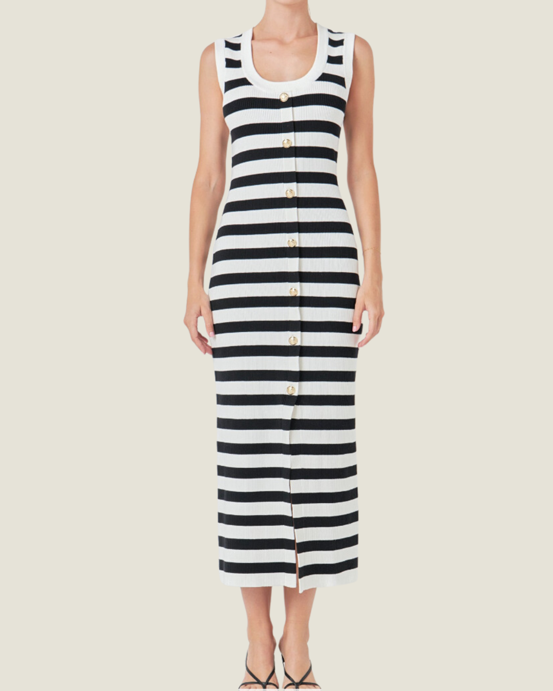 The Annie James: Black & White Striped Sleeveless Button Midi Dress