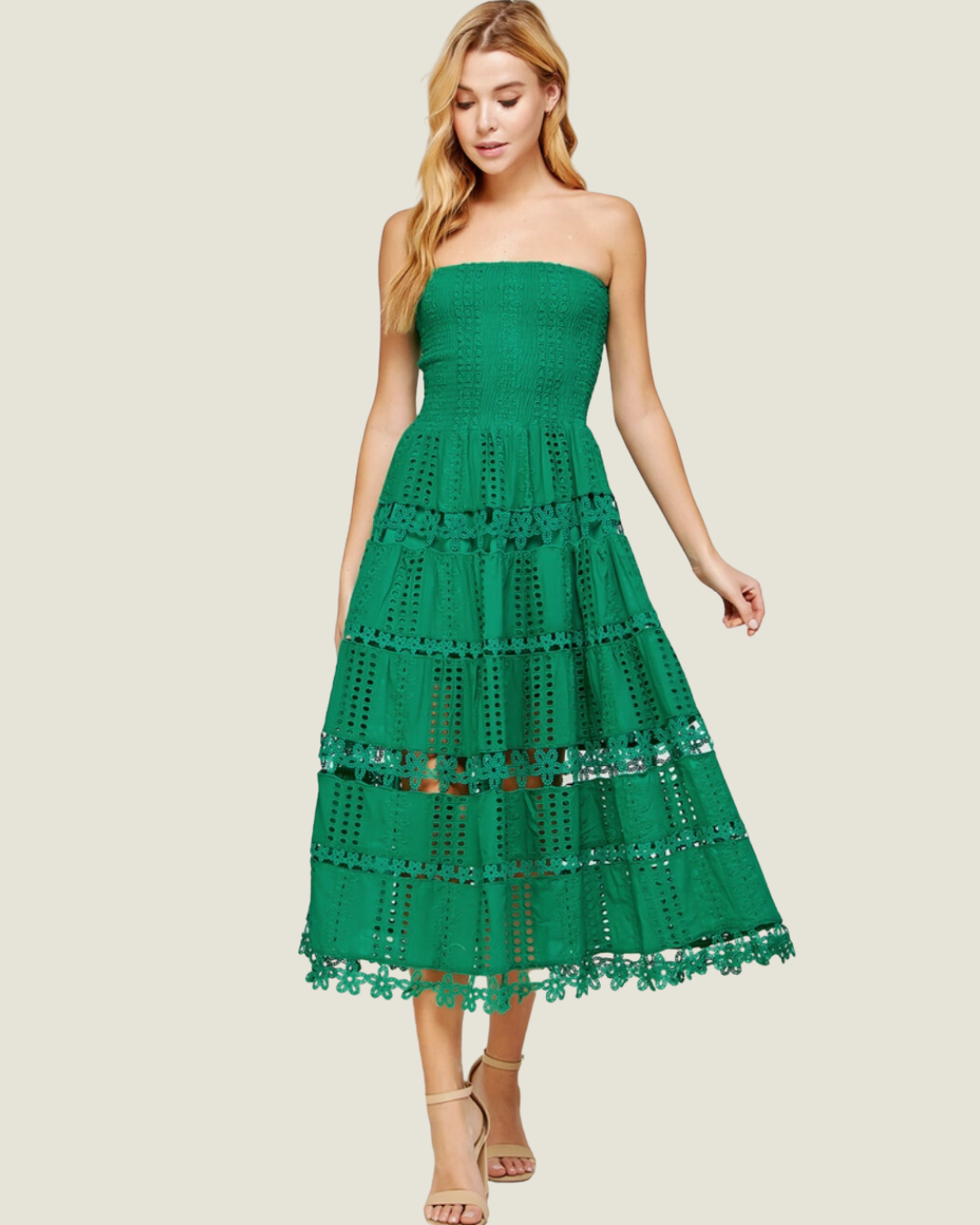 The MaryAnn: Green Eyelet Lace Strapless Mini Dress