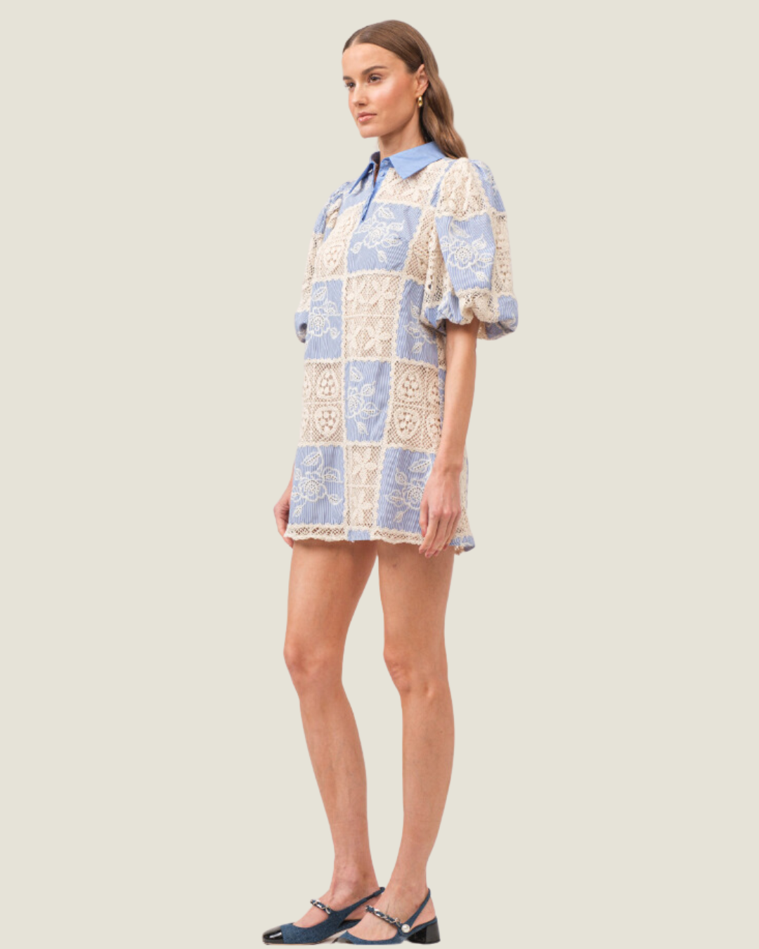 The Gracie: Blue Crochet Mini Shirt Dress