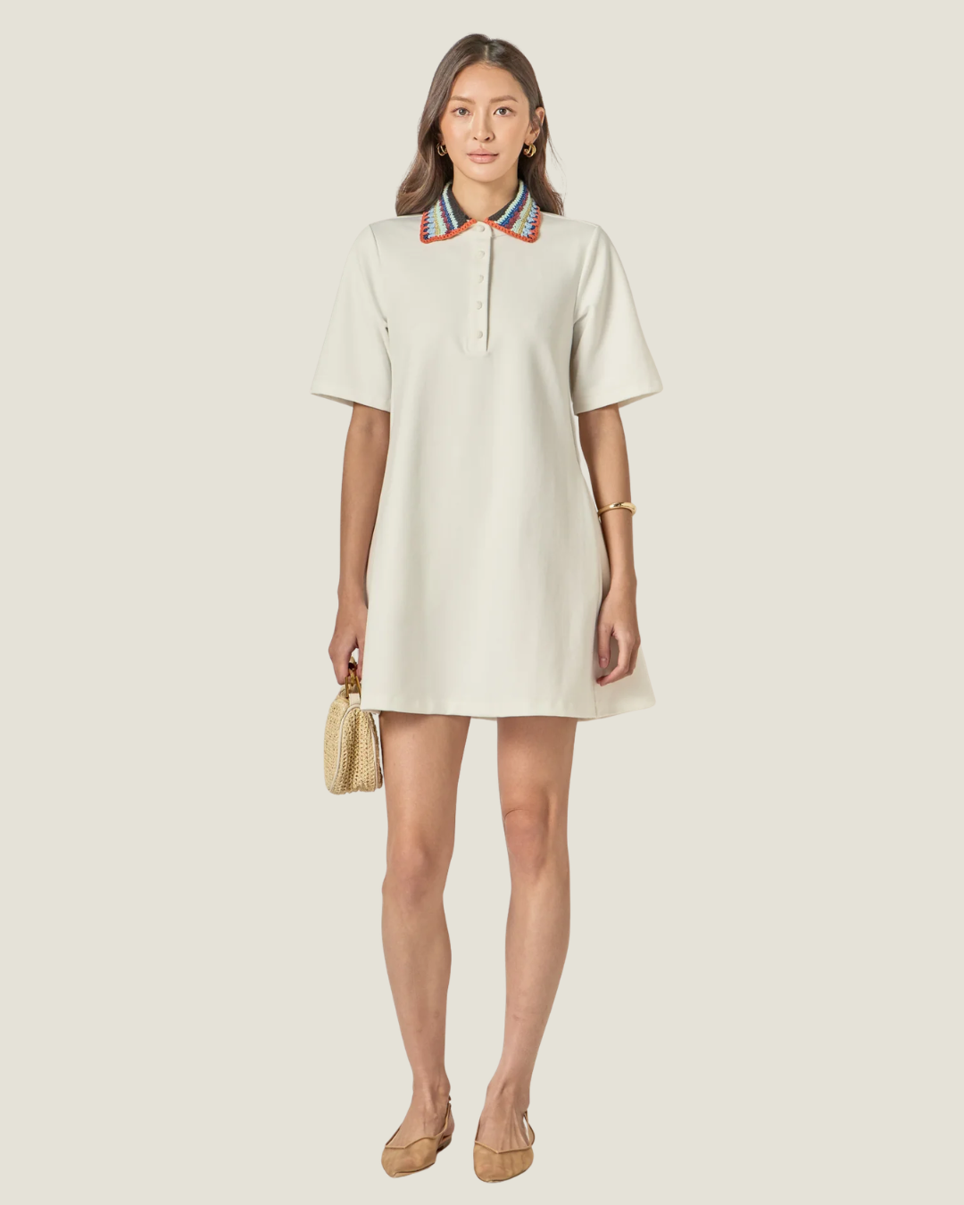 Camyn Off White Knitted Collar A-Line Mini Dress