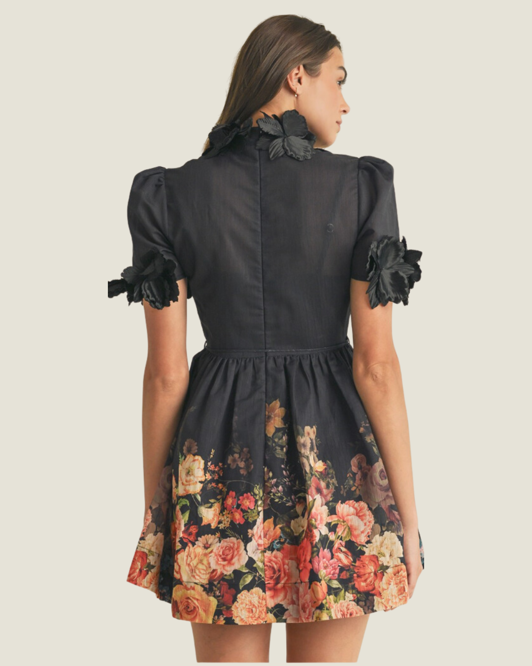 The Rebecca: Black Floral Short Sleeve Mini Dress