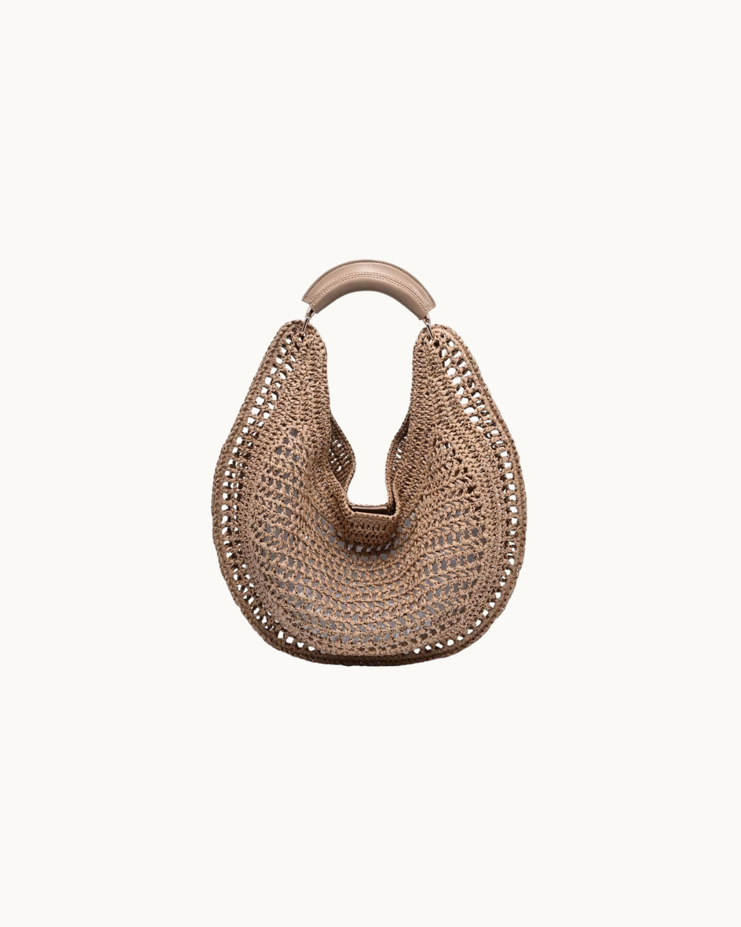 A crochet-woven crescent shaped bag in natural with top handle. 