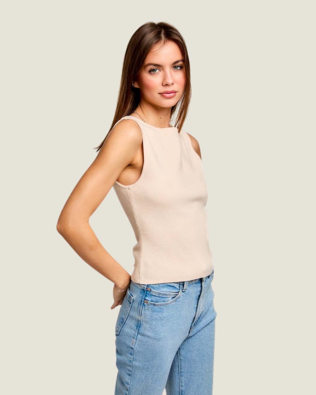 The Landry: Cream Boat Neck Sleeveless Top