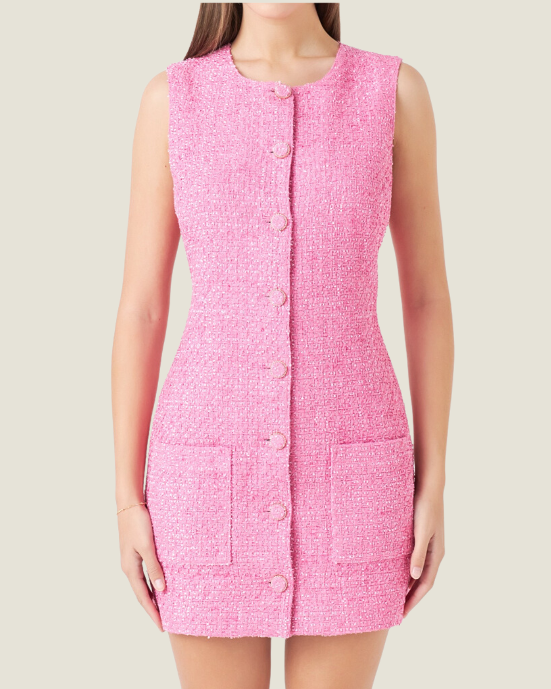 The Brigette: Pink Sleeveless Tweed Button Mini Dress