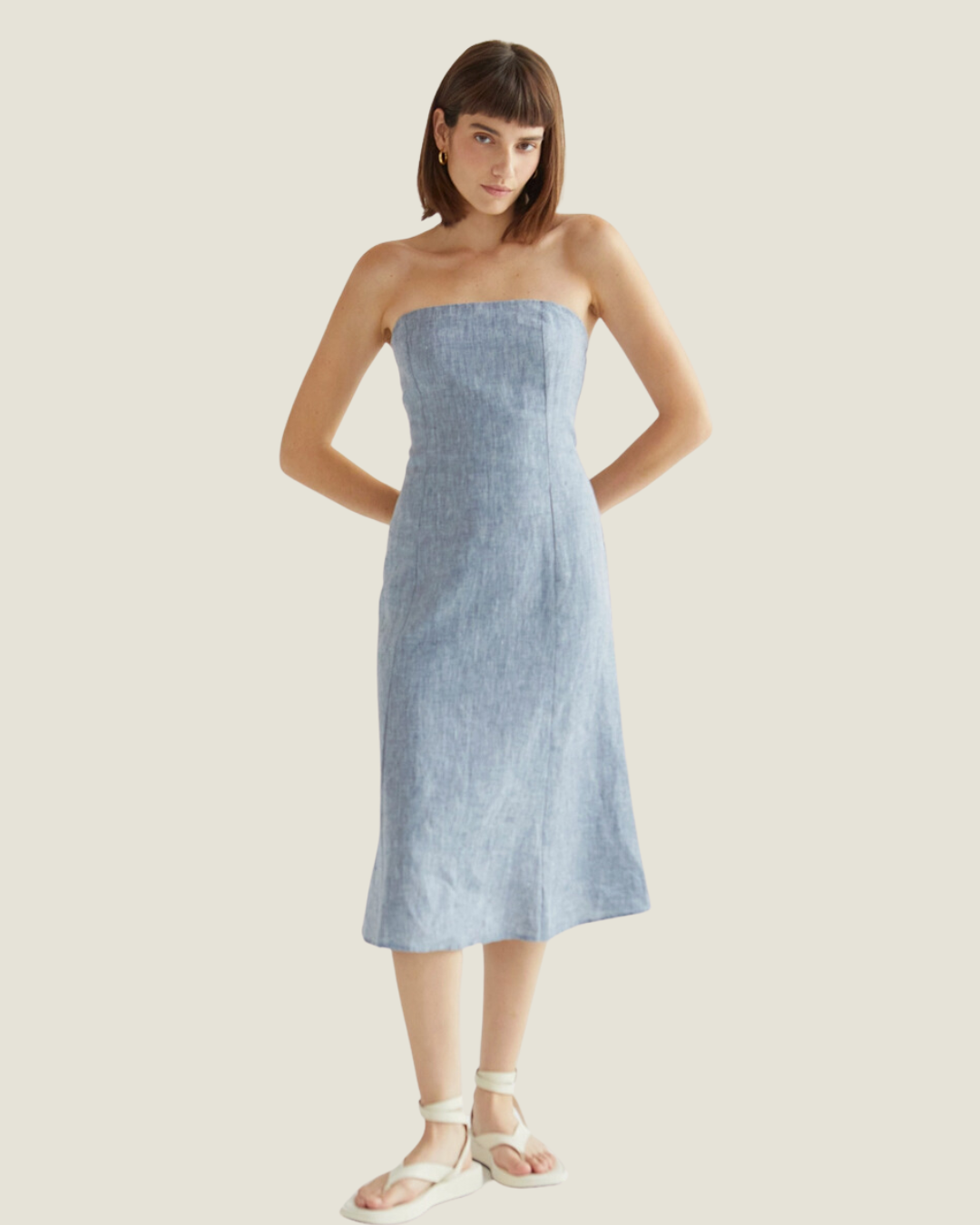 NYC Summer: Strapless Blue Linen Midi Dress