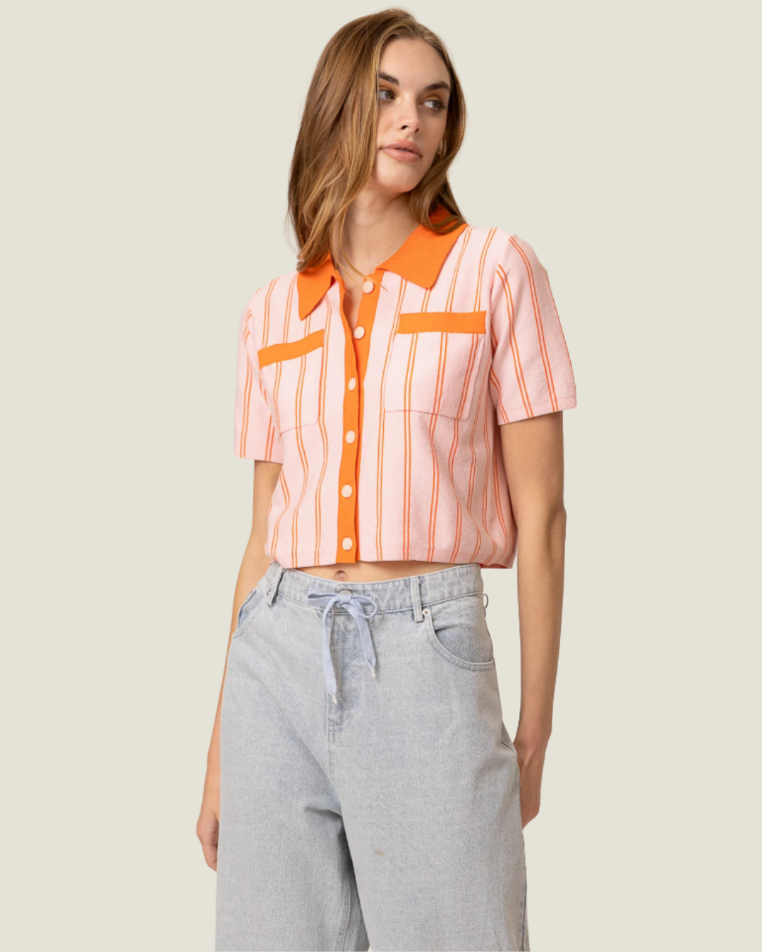 Rheba Striped Collared Crop Top