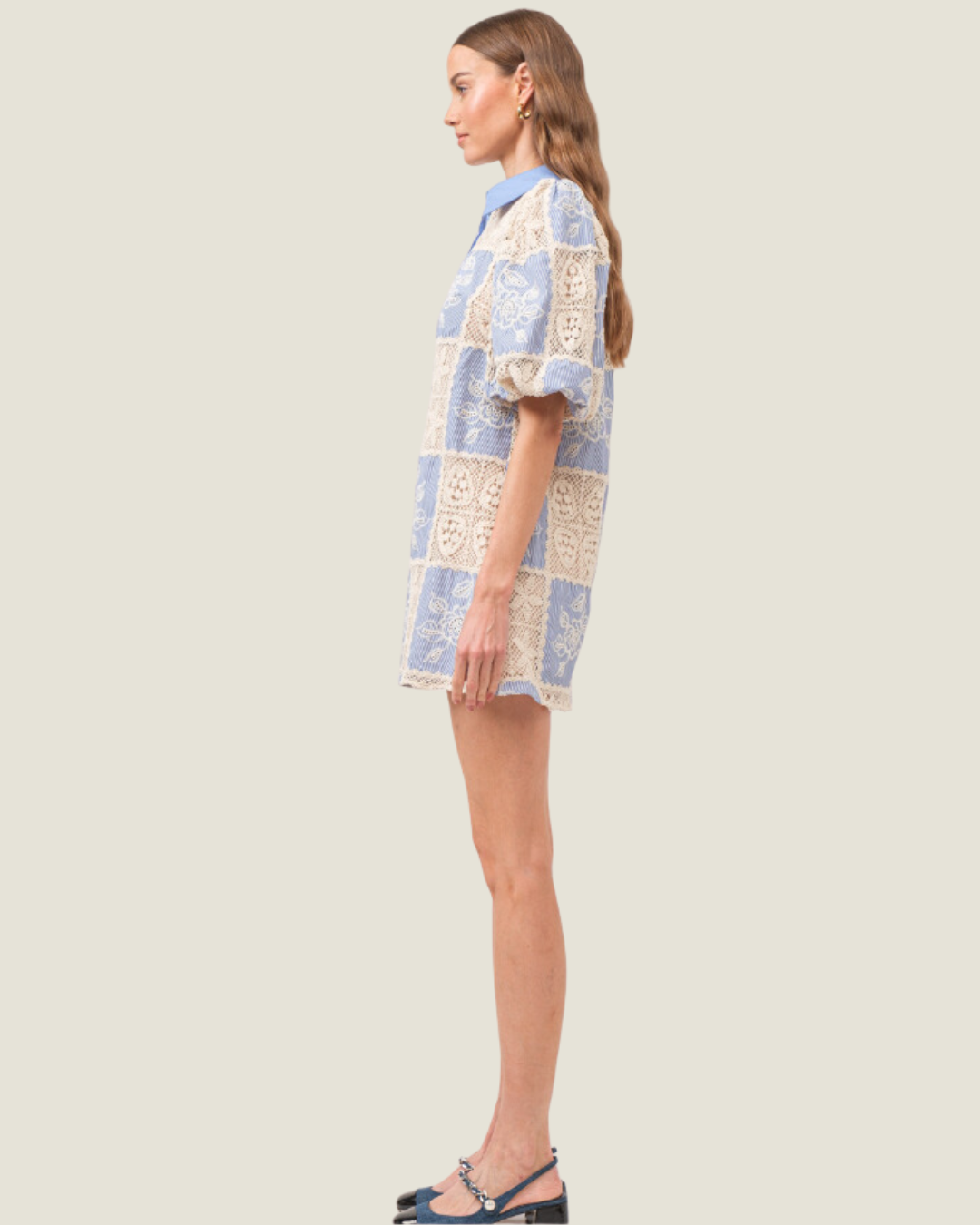 The Gracie: Blue Crochet Mini Shirt Dress