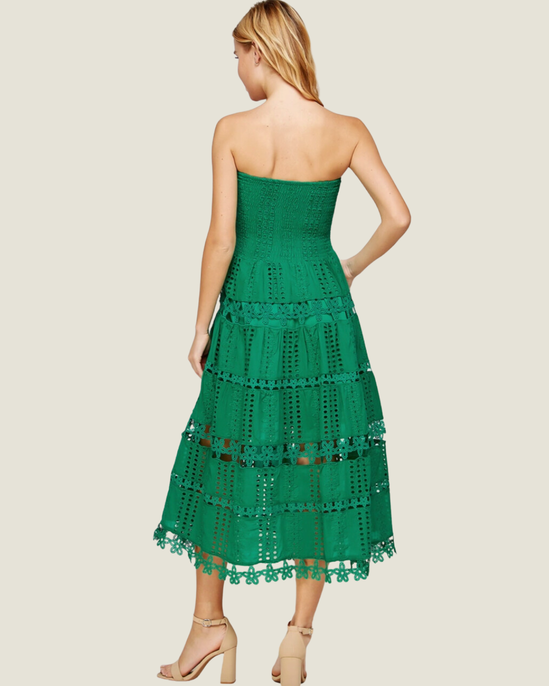 The MaryAnn: Green Eyelet Lace Strapless Mini Dress