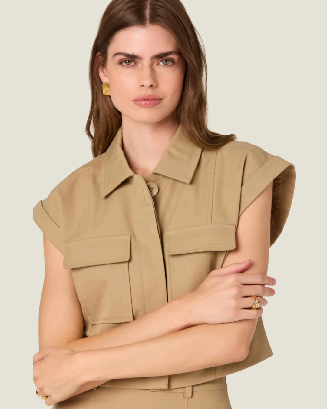 Sabine Beige Button Down Crop Top