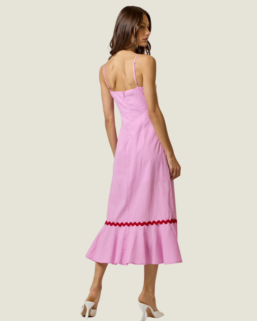 Summer Soirée: Pink Scalloped Ruffled Bottom Sleeveless Midi Dress