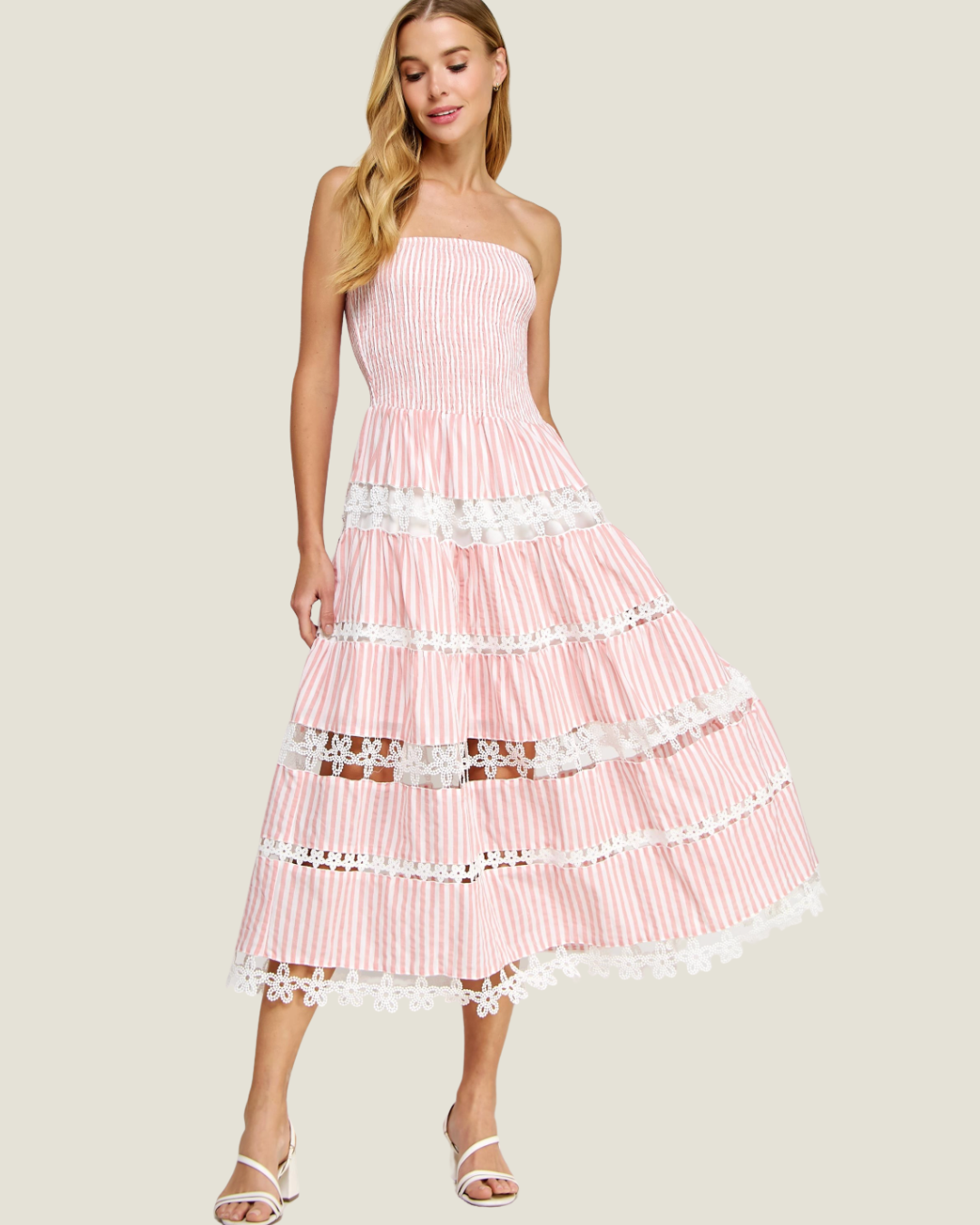 The Maryann: Strapless Stripe Eyelet Midi