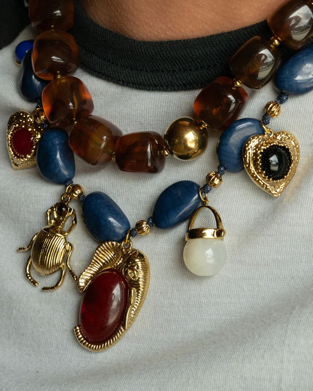 Slade Navy Beaded Charm Necklace