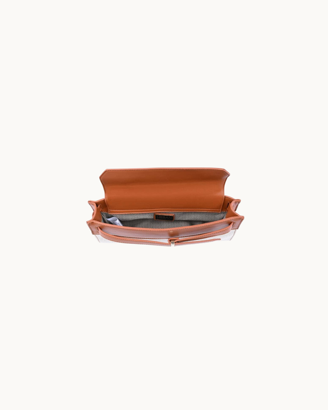 Tan and ivory vegan leather top-handle clutch. 
