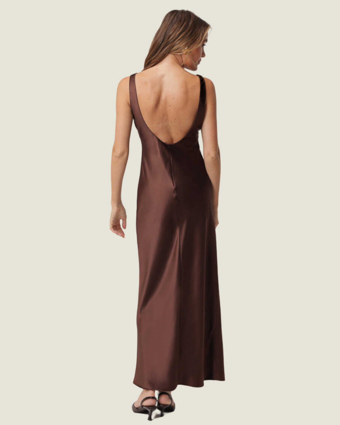 Fall Date Night: Sleeveless Satin Chocolate Maxi Dress