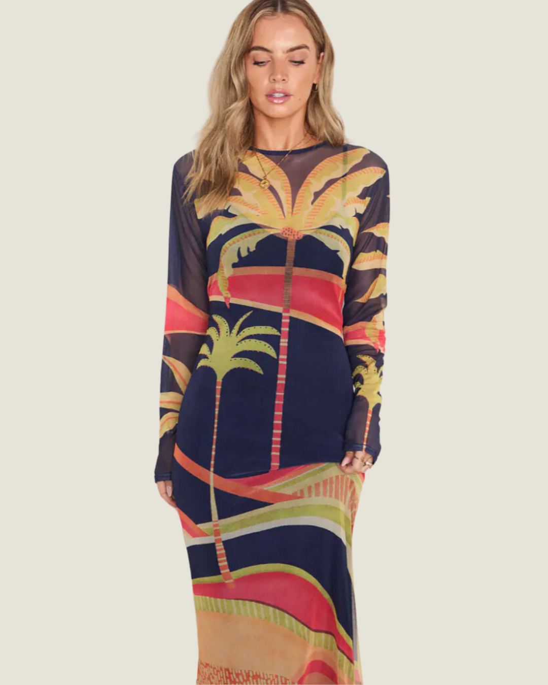 Paradise Island: Blue Palm Mesh Long Sleeve Maxi Dress